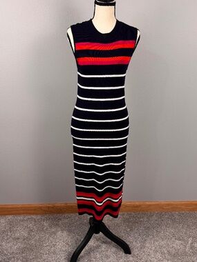 Eliza J Navy, Orange, Pink Striped Midi Body Con Dress, Size Medium